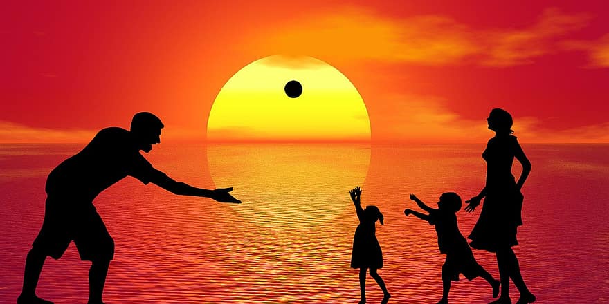غروب الشمس ، منظر طبيعى ، أسرة ، أطفال ، الأطفال ، لعب ، المناظر الطبيعيه ، طبيعي >> صفة ، أم ، بحيرة ، في الهواء الطلق