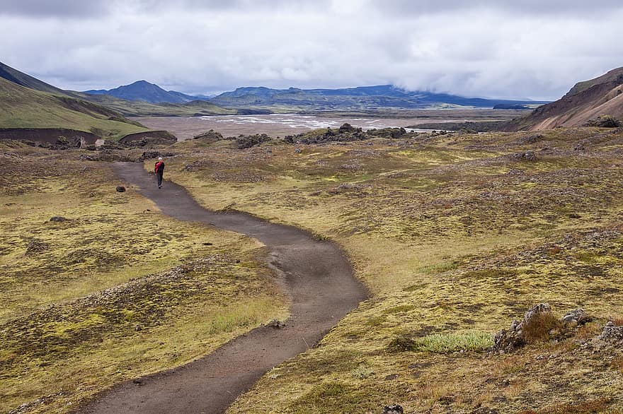 ceļš, persona, alpīnists, alpīnisms, pārgājiens, tūrists, pārgājieni, ainavu, ielejā, Īslande, kalni