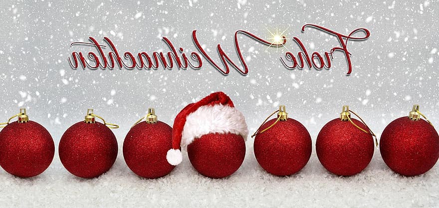 joyeux Noël, salutation, boule de noel, des balles, chapeau de père Noël, neige, décorations de Noël, boules rouges, Noël, motif de noël, flocons de neige