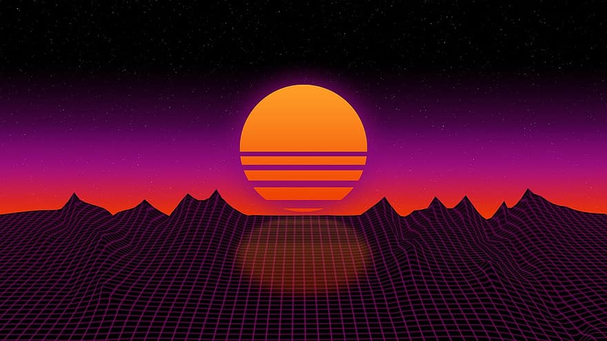 solnedgang, gitter, retro, 80'erne, 1980, gaming, nat, bjerg, illustration, landskab, vektor