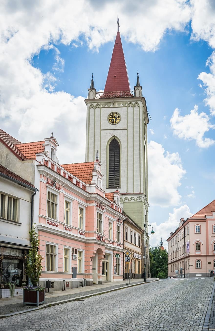 Blatná, Европа, Чехия, Южна Бохемия, град, църква, кула на църквата, архитектура, църковна кула, вяра, християнство