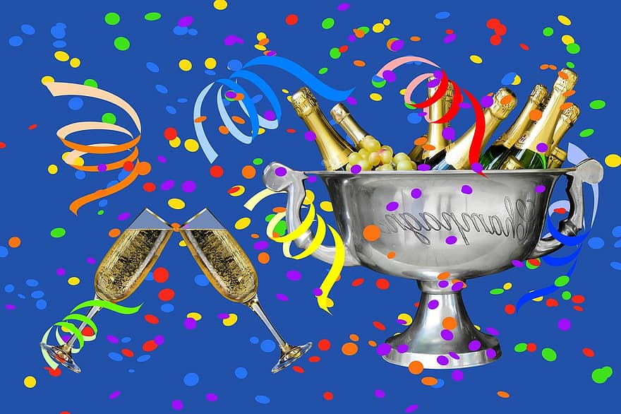 konfetti, streamer, party, karnevál, újév, háttér, éves pénzügyi kimutatások, 2017, pezsgő, pezsgős pohár, ital