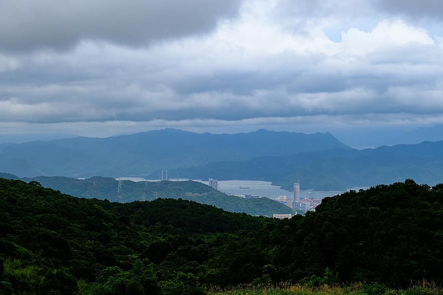 Yantian, Sanzhoutian, bjerge, wutong bjerg, reservoir, sø, by, panorama, tåge, skyer, himmel