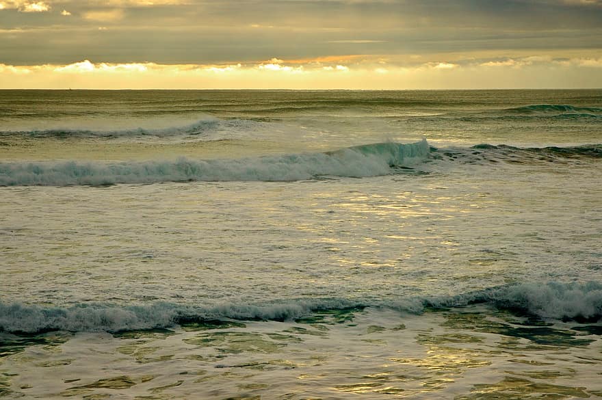 bølger, hav, solnedgang, pacific, vann, horisont, skumring, Seascape, soloppgang, sjøsprøyt, Strand