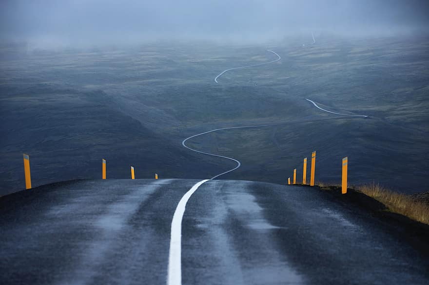 tie, katu, mutkainen, mutkainen tie, tyhjä tie, asfaltti, näkökulma, valtatie, maisema, ulkona, Islanti