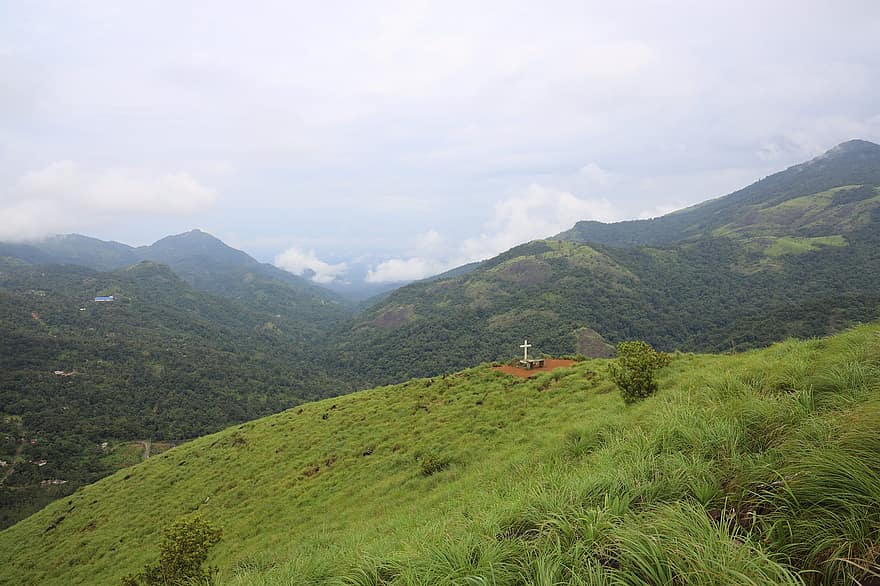 montañas, cerros, cruzar, Cristo, hierba, Kerala, viaje, turismo, naturaleza