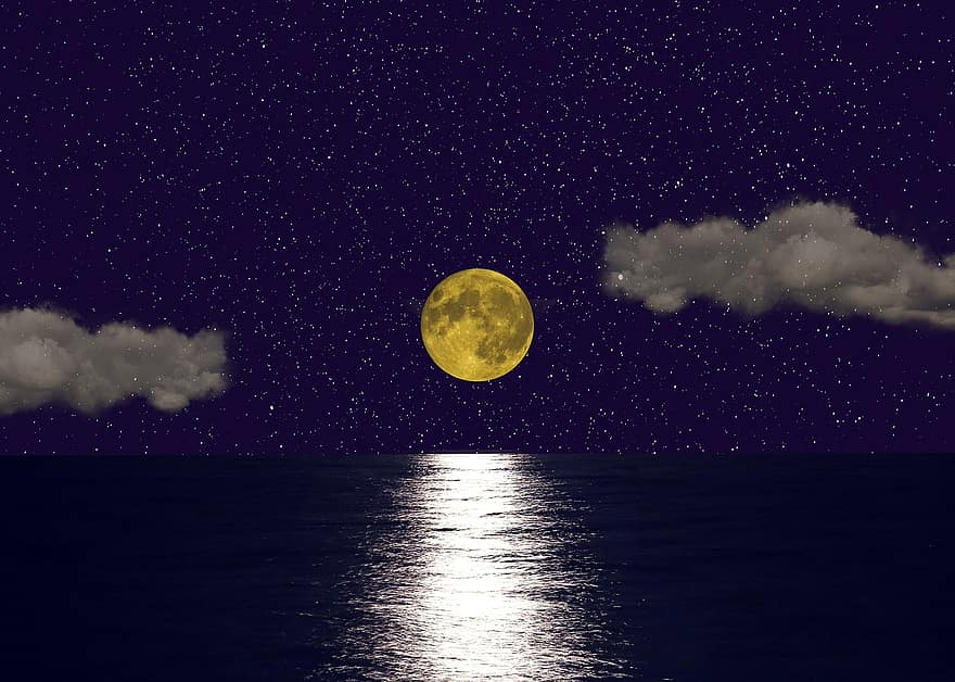 maan, zee, nacht, hemel, maanlicht, oceaan, sterren, reflectie, wolken, fantasie, achtergrond