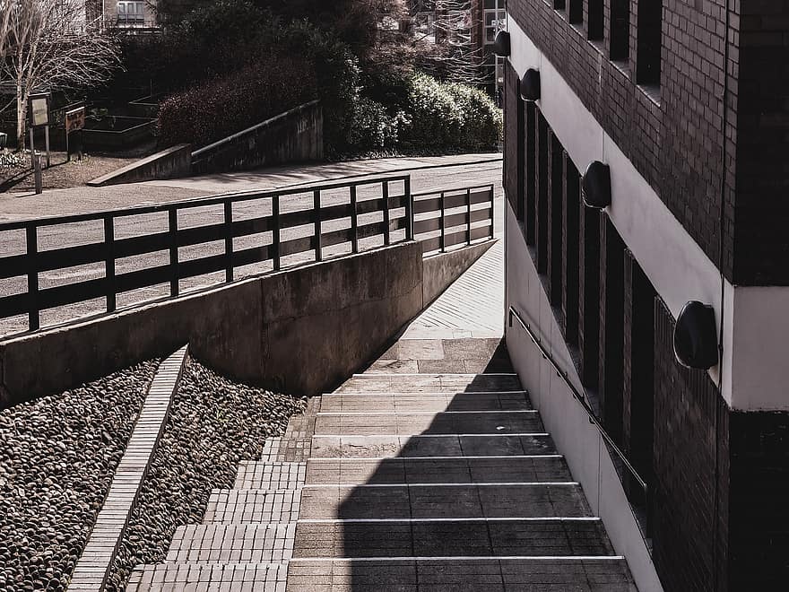 City, Urban, Modern, Brick, Building, Street, Road, Stairs, Outdoors, Abstract, Shadow