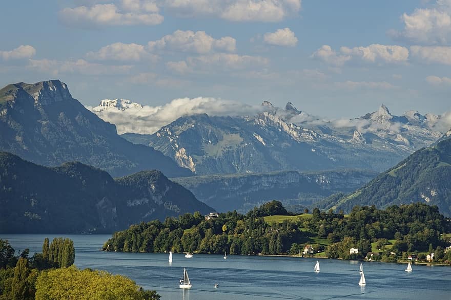 schweiz, lucerne-regionen, lusern, sjö, alperna, bergen, skog, vatten, landskap, himmel, moln