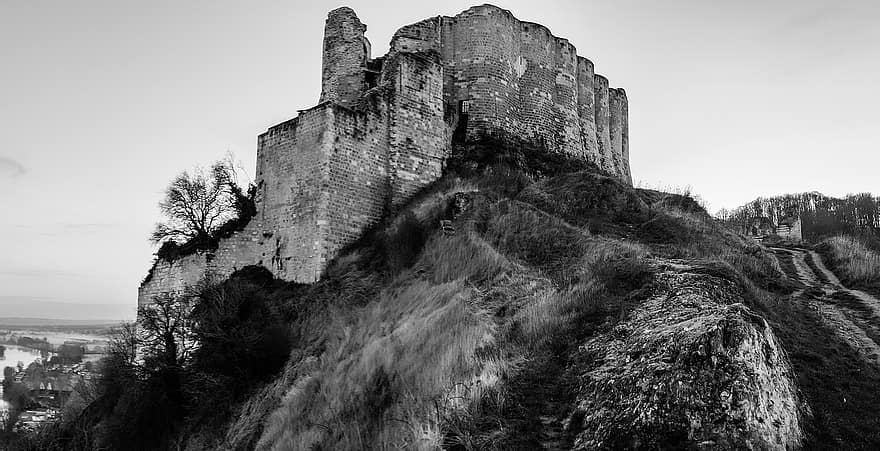 ruina, castillo, arquitectura, antiguo, vieja ruina, lugar famoso, paisaje, historia, arruinado, en blanco y negro, acantilado