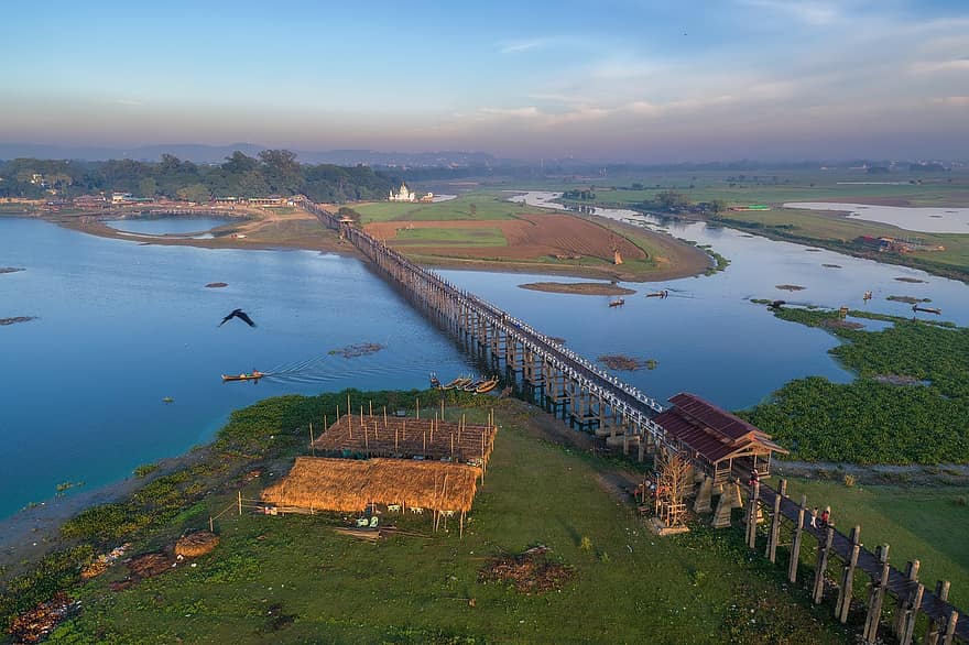 myanmar, köprü, göl, peyzaj, hava fotoğrafçılığı