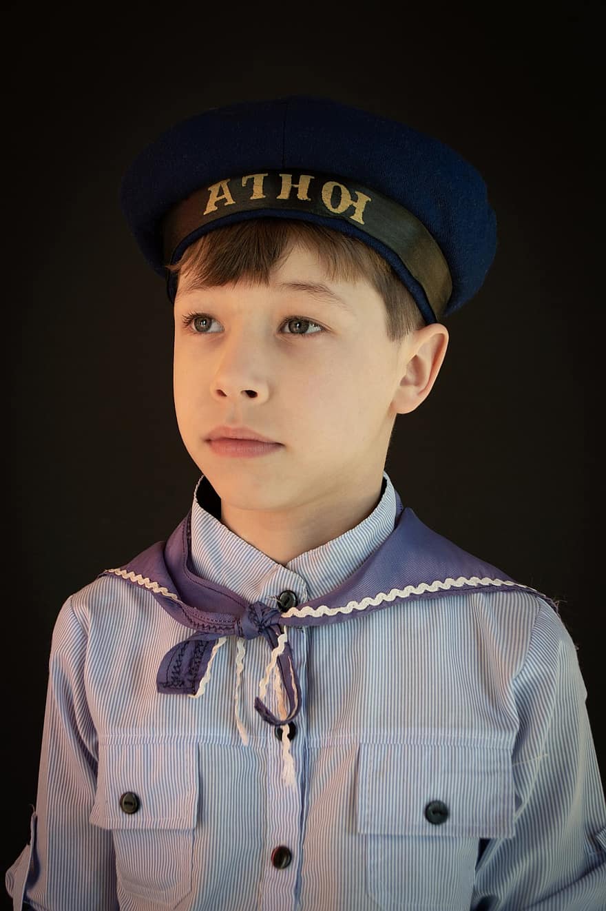 chlapec, portrét, Peakless Cap, vinobraní, rekonstrukce, Námořní uniforma, cosplay, Palubní chlapec, námořník