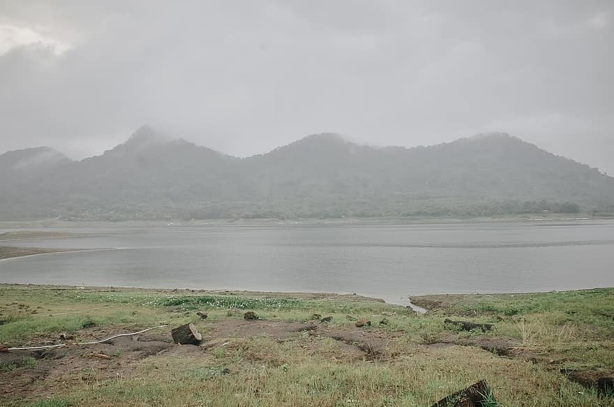 планина, езеро, резервоар, на брега на езерото, трева, шума, природа, Паранг Гомбонг, jatiluhur, вода, пейзаж