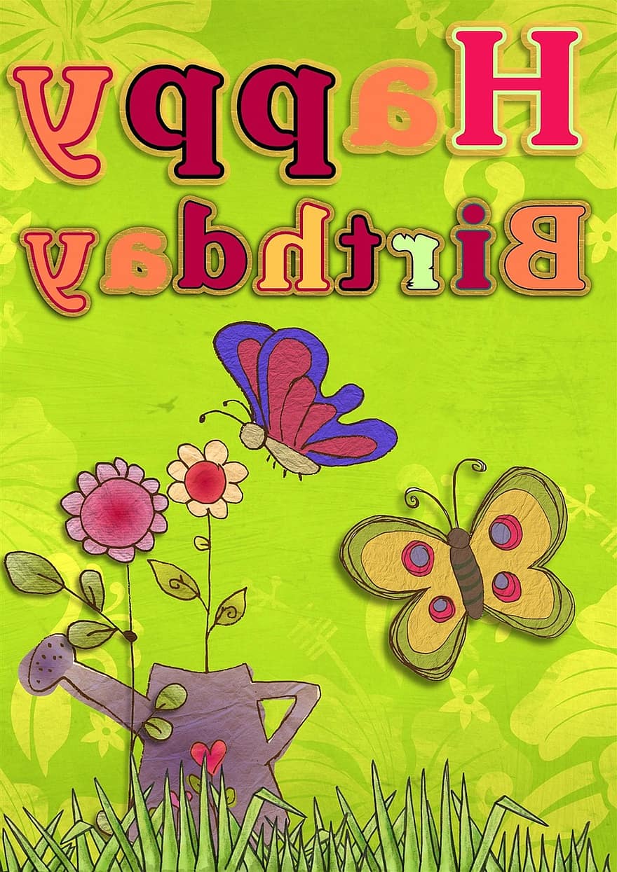 Happy, Birthday, Card, Greeting, Green, Flower, Butterfly, Watering, Can, Girl, Celebration