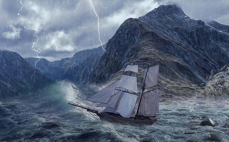 kalyon, deniz, fırtına, dalgalar, yağmur, Şimşek, gök gürültüsü, sağanak, gemi, tekne, yelkencilik