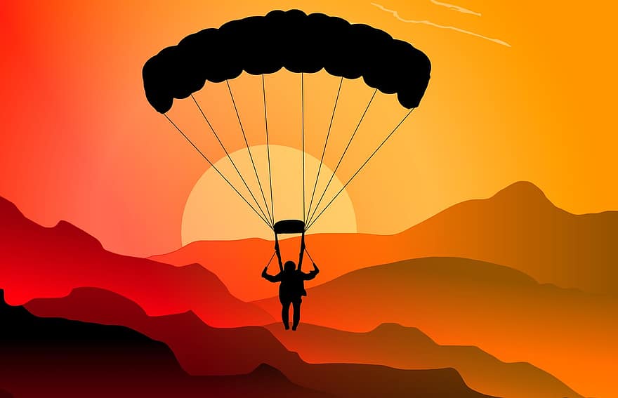 парашутист, небе, скачане с парашут, парашутизъм, падане, риск, планини, слънце, гмуркане, спорт, оранжев