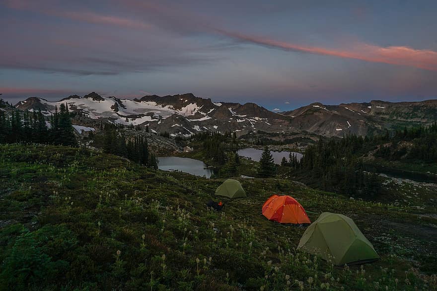 camping, Camping, camping telt, telt, solnedgang, fjellene, fjellkjede, leir, natur, landskap, Alpene