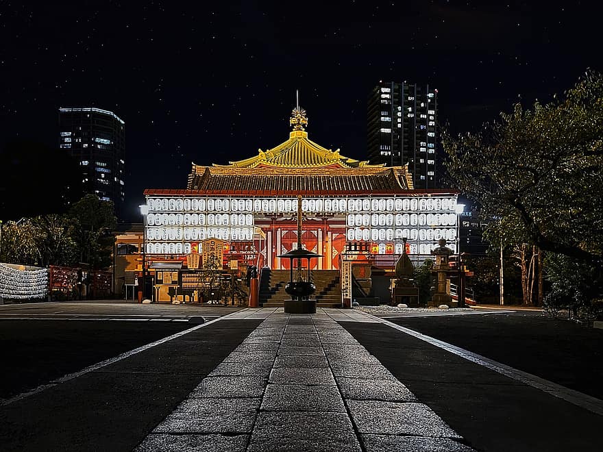 夜、寺院、観光、旅行、ベンテンド、不忍池、上野公園、台東市、東京、日本、提灯