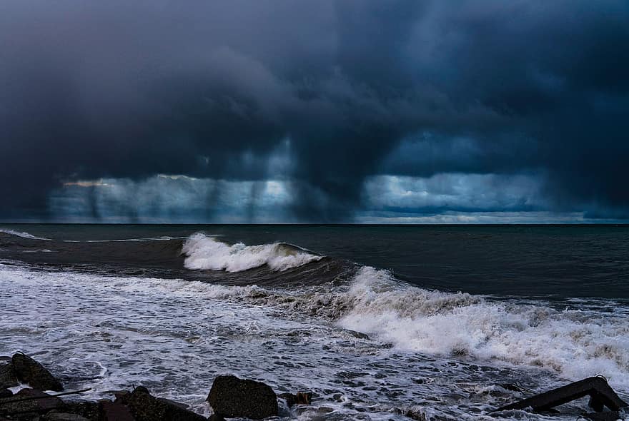 mar, ondas, tempestade, tornado, horizonte, céu, nuvens, clima, agua, natureza, ciclone