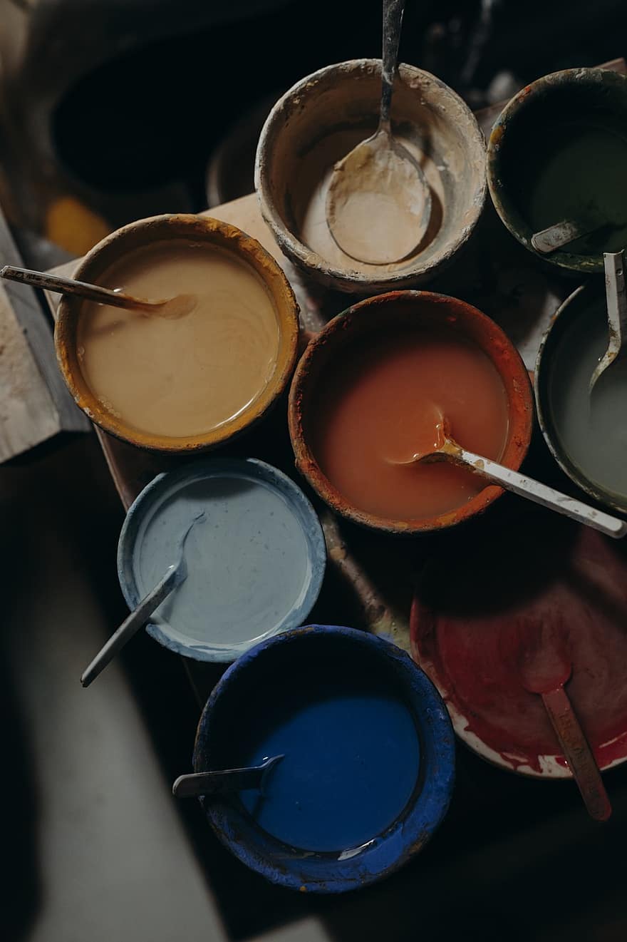 Farbe, Kunst, Kunstbedarf, Keramik, mehrfarbig, Nahansicht, Kreativität, Farben, Hintergründe, Blau, nass