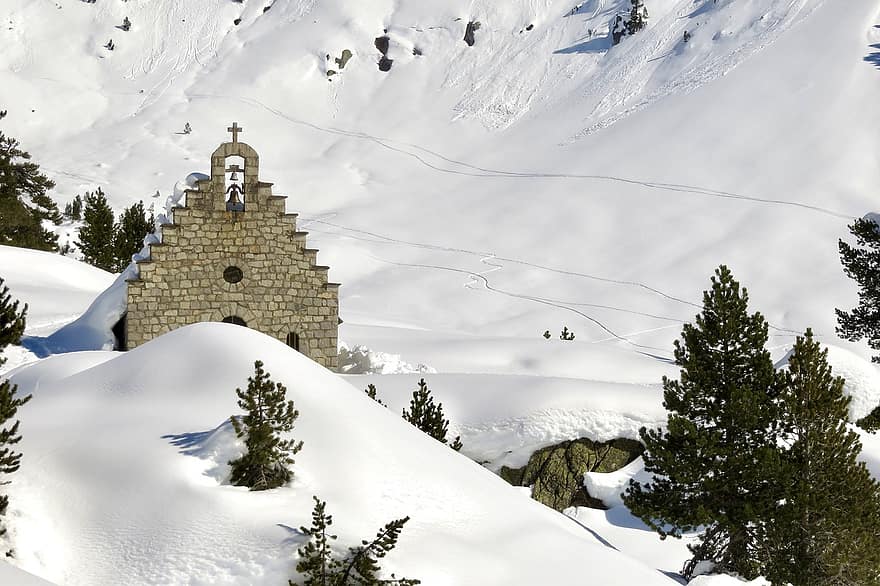 kapel, salju, musim dingin, snowdrift, gereja, embun beku, dingin, gunung, pohon, pohon cemara, pemandangan