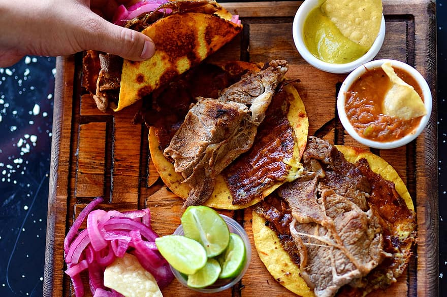 Tacos, bánh tortilla, điệu Salsa, thực phẩm mexican, Ẩm thực Mexico, ăn, ngon, nằm phẳng, chụp ảnh đồ ăn, mexico, mexican