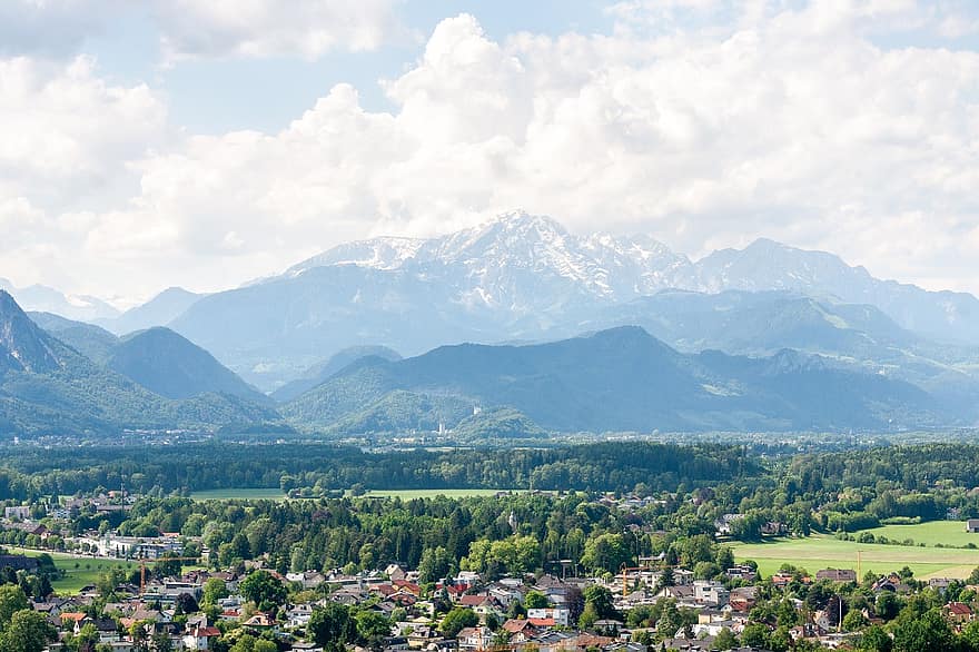 völgy, hegyek, város, salzburg, Ausztria, természet, szabadtéri, utazás, cél