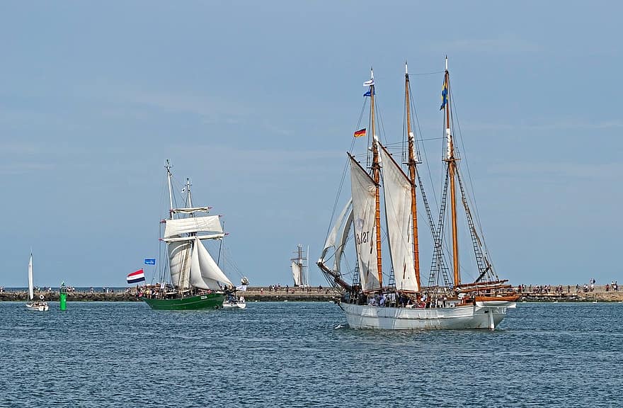 mar, oceano, navios, três mastros, entrada do porto, Mar Báltico, windjammer, zweimaster, warnemünde, vela hanse, rostock