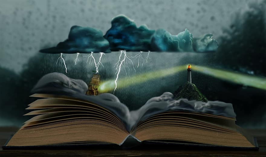 Book, cerita, buku, bacaan, literatur, fantasi, dongeng, sihir, kapal, mercu suar, laut
