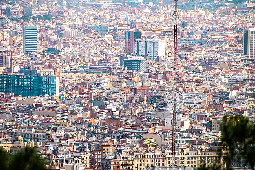 バルセロナ、パノラマ、シティ、建物、自然、空