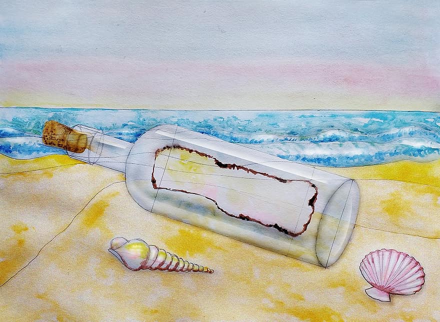 viesti pullossa, ranta, meri, akvarelli, valtameri, hiekka, matka, Pullo muistiinpanolla, Pullo, jossa on muistiinpano meressä, Pullo muistikuvilla, Pullo meressä -kuvassa