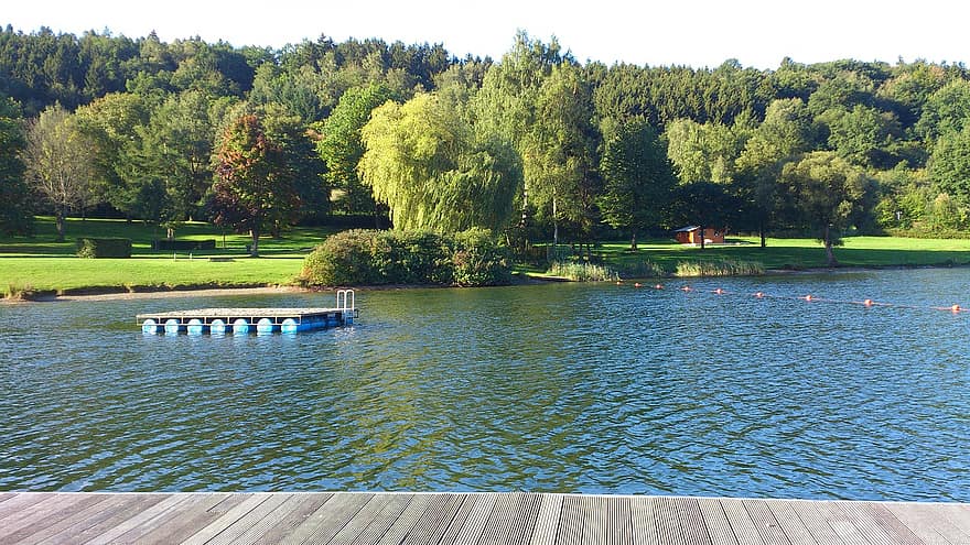 tó, úszó platform, természet, erdő, fák, tavacska, tutaj, természetes medence, rurberg, Rursee – Eifel