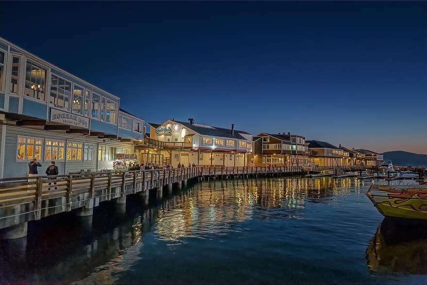 Nước, tối, Pier 39, san francisco, phản xạ, cuối ngày, thư giãn, phong cảnh, thu hút khách du lịch, màu xanh da trời