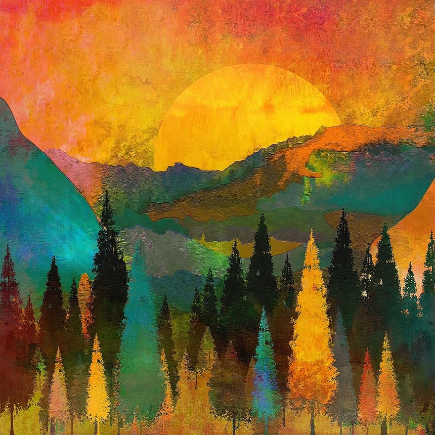 Trees, Mountains, Sun, Sunrise, Warm, Red, Yellow, Landscape, Scene, Painting, Drawing