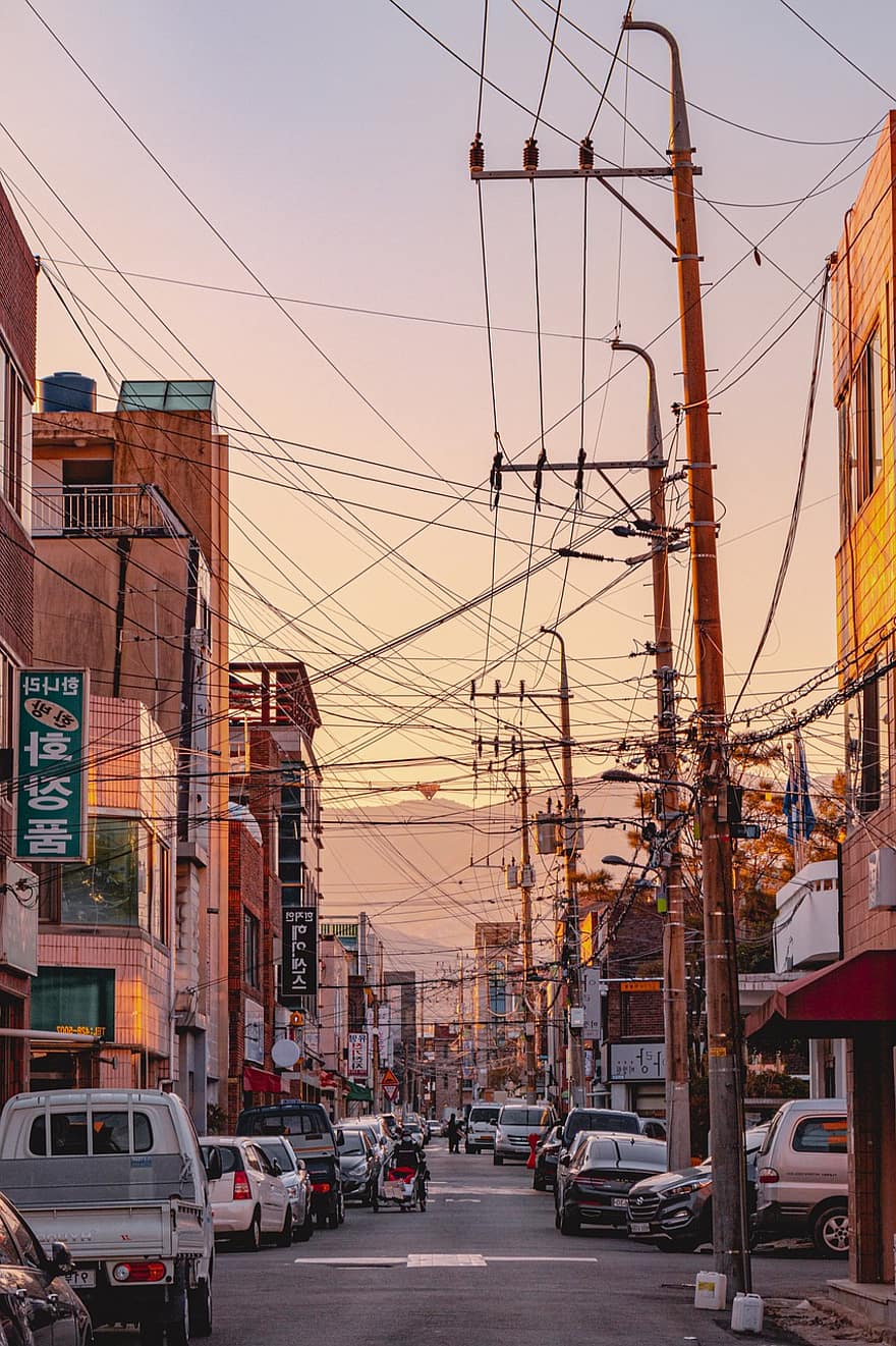 ulica, Miasto, Korea, zachód słońca, budynek, słup energetyczny, linia elektryczna