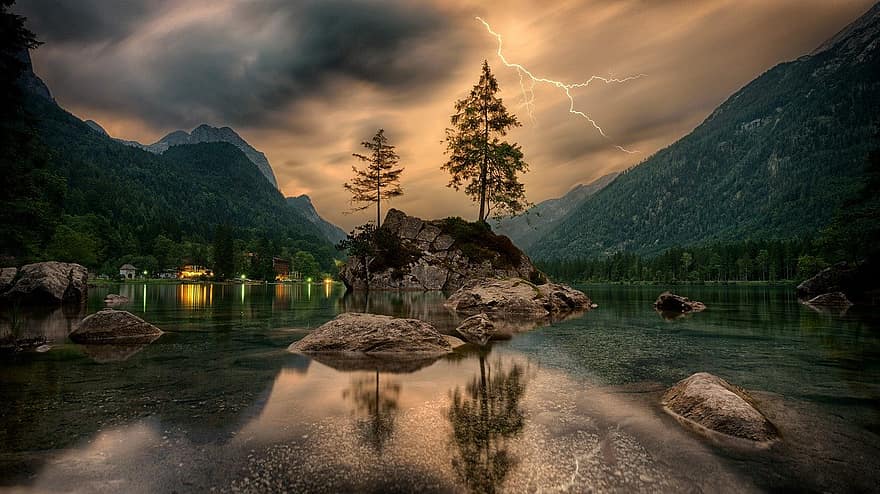 Nature, Waters, Travel, Mountain, Landscape, Thunderstorm, Softwood, Tree, Clouds, Flash, Lake