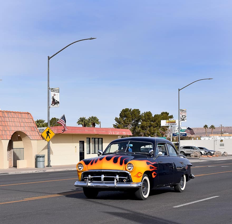 cotxe d'època, cotxe clàssic, Hot Rod Flames, EUA, carretera, carrer, calcomanies de cotxes, barra de carrer