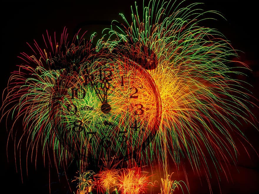 focuri de artificii, ziua de anul nou, sylvester, ceas, întors, înapoi, ceas cu alarmă, clopot, timp de, timp, rudă