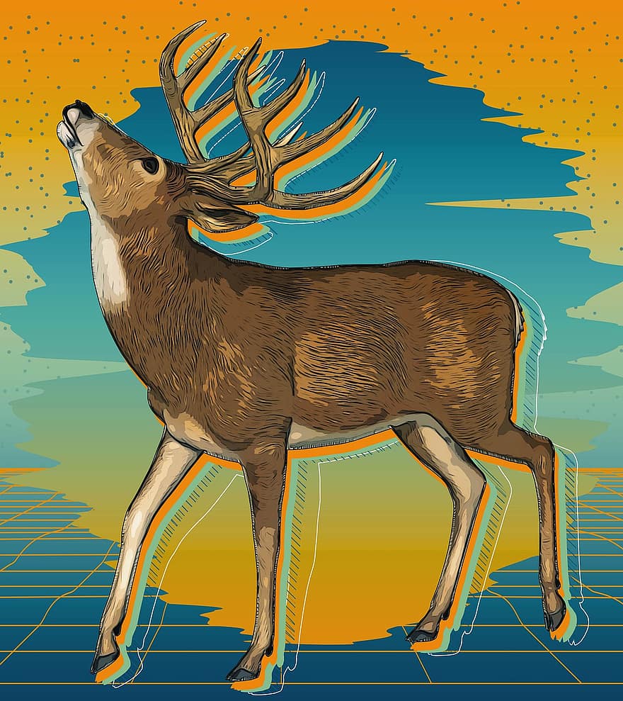 Buck, Deer, Stag, Animal, Antlers, Retro Cartoon