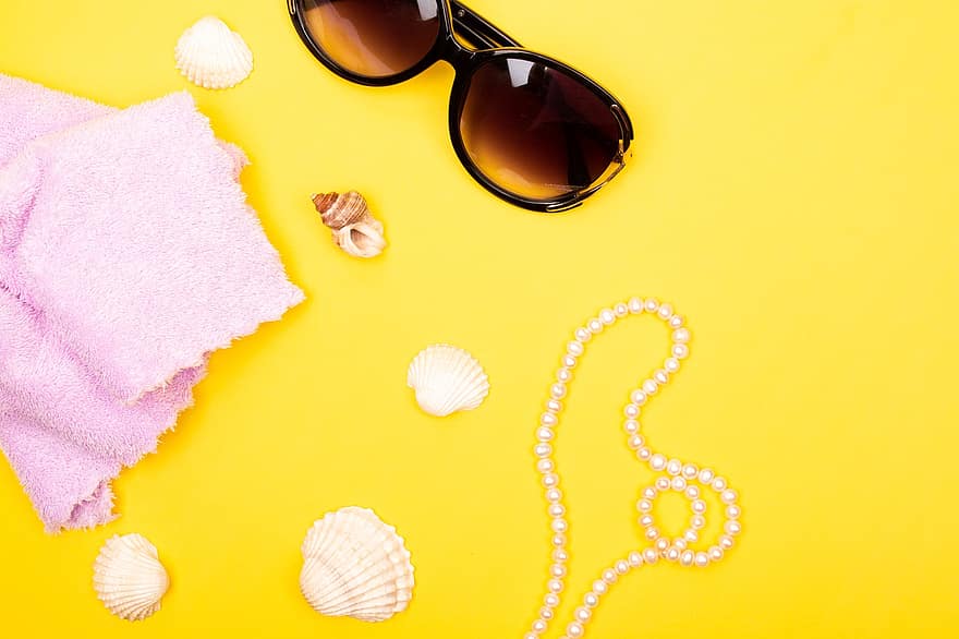 Background, Seashells, Summer, Decoration, Sunglasses, Shells, Conch, Necklace, Pearls, Accessories, Colorful