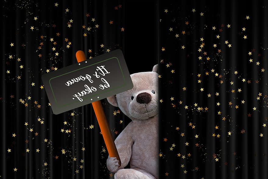 Medvídek, vycpané zvíře, teddy, podepsat, zpráva, měkká hračka, pozitivní, naděje, záclona, hvězd, maketa
