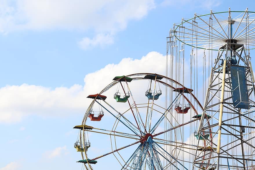 roda gigante, Parque de diversões, céu, nuvens, parque de diversões, feirante, Passeio de diversão