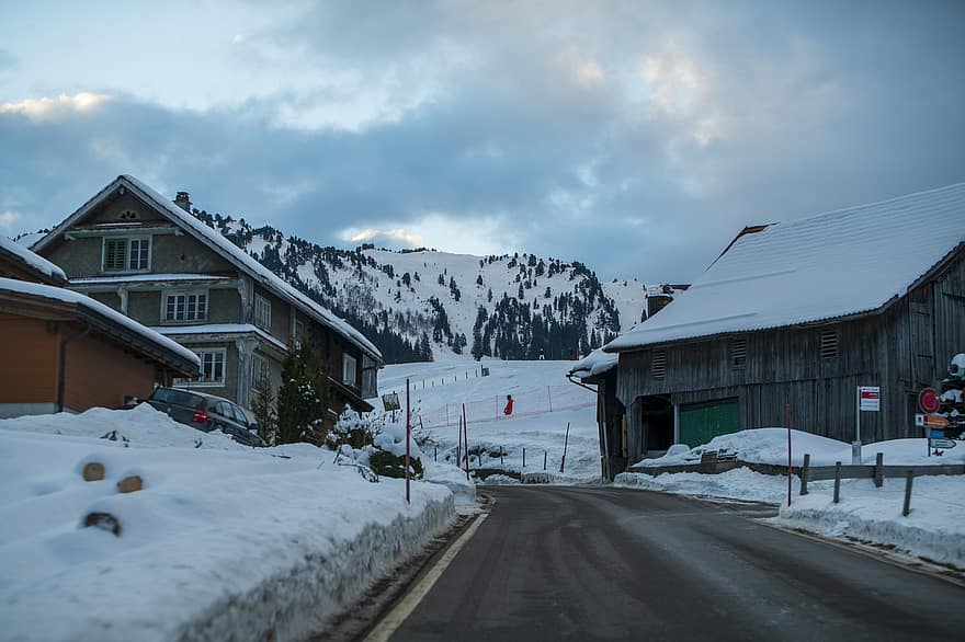 Suiza, invierno, pueblo, naturaleza, temporada, nieve, montaña, paisaje, escena rural, madera, hielo