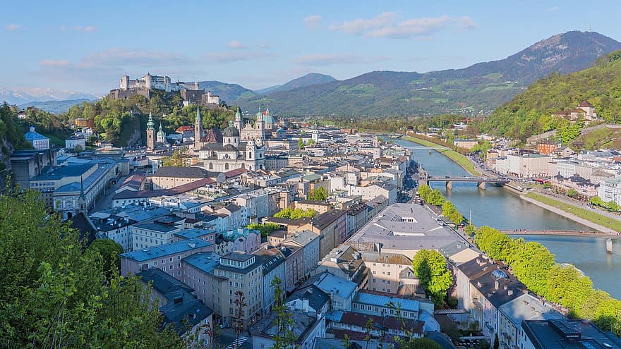Залцбург, град Моцарт, исторически център, крепост, градски пейзаж, град, перспектива, панорама, поток, Залцах