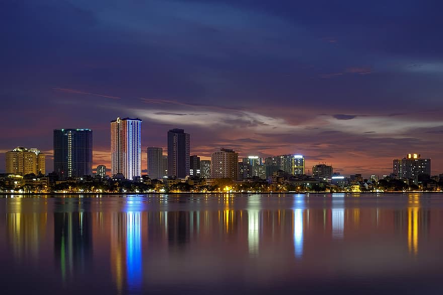 posta de sol, llac de l'oest, hanoi, vietnam, ciutat, soi ball, tarda, nit, vespre, paisatge urbà, reflexió
