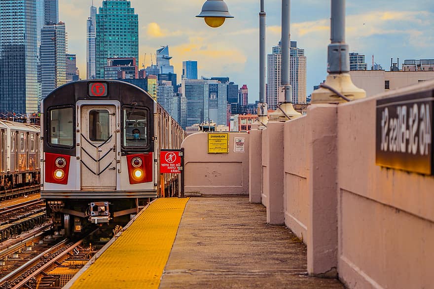 기차, 플랫폼, 건물들, 기차역, 철도, 기차 궤도, 철도 선로, 시티, 뉴욕시, 뉴욕, 지하철