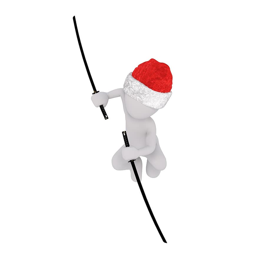 fehér férfi, 3D-s modell, izolált, 3d, modell, teljes test, fehér, santa kalap, Karácsony, 3d santa kalap, kard