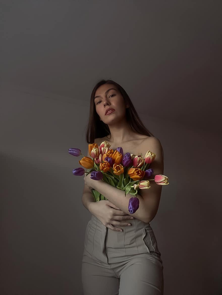 kvinna, tulpaner, blomma, vår, modell, pose