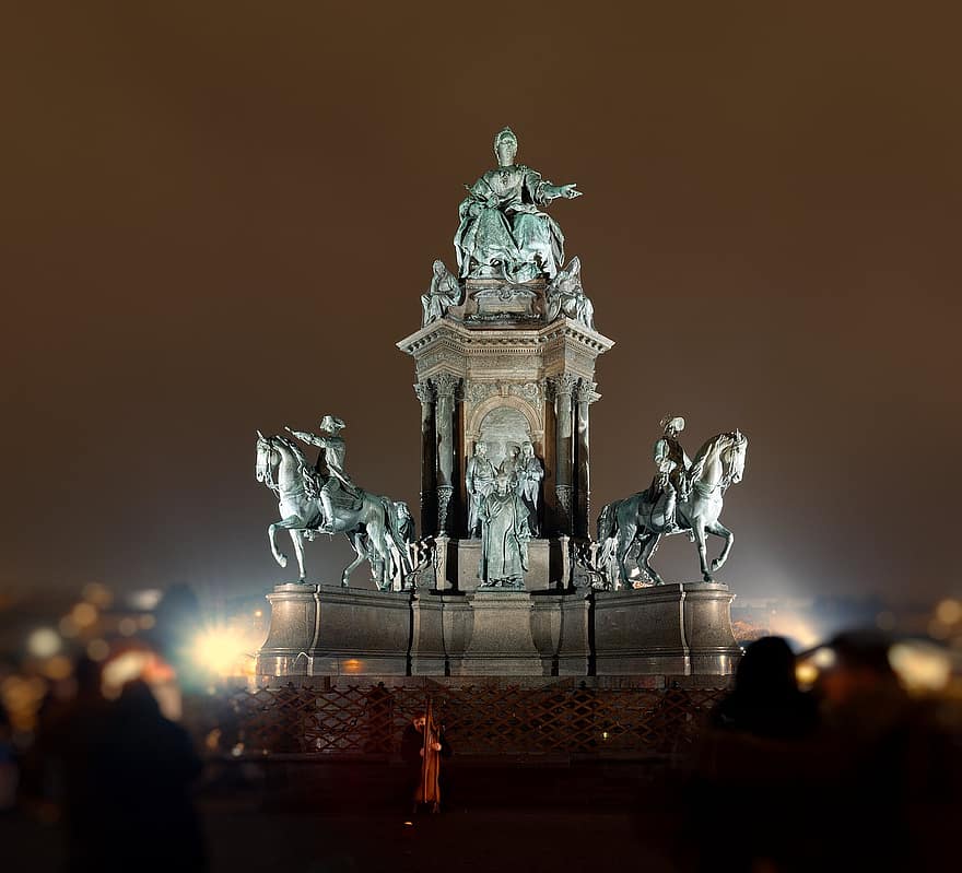 비엔나, 마리아 테레지아 기념비, 경계표, 유럽, 오스트리아, 거리 장면, 거리 음악가들, 동상, 기념물, 밤