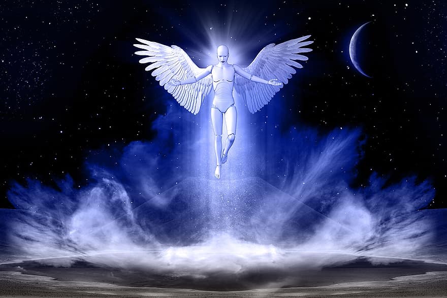 anioł, mężczyzna, skrzydełka, robot, postać, księżyc, kosmos, wszechświat, mistyczny, futurystyczny, surrealistyczny